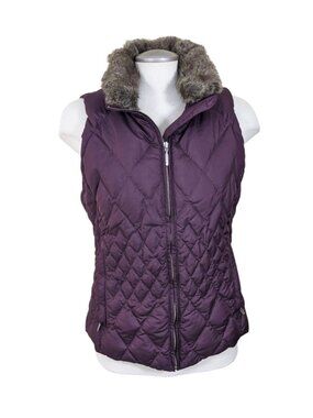 Eddie Bauer Premium Goose Down Puffer Vest Faux Fur Collar Plum Size M Outdoor
